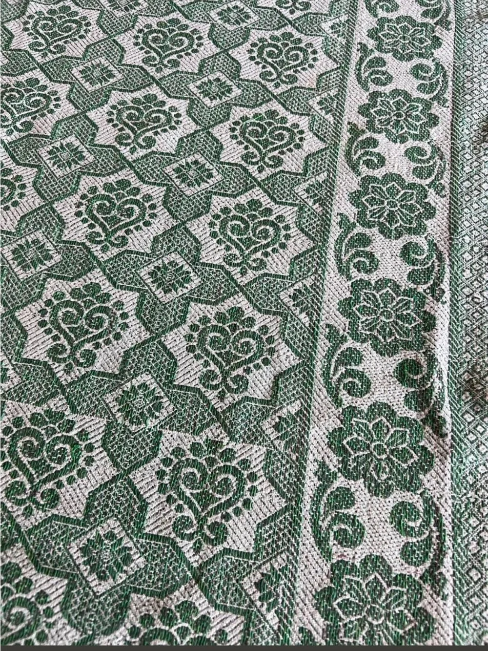 Vintage Indian Solapuri Chaddar Cotton Jacquard Sage Green and white Table cloth